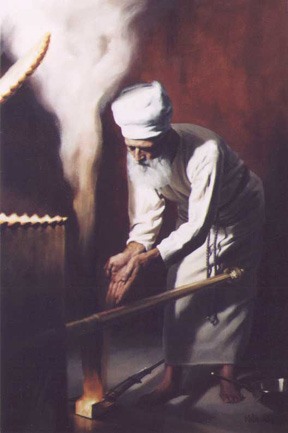 The High Priest offering the spices (ketoret) in the Holy of Holies inside the Holy Temple on the day of Yom Kippur -- painted for Beged Ivri, by Binyomin Allen 
