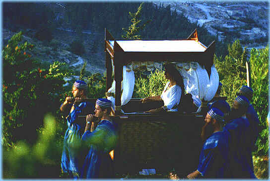 The bride is carried to hupa (bridegroom's canopy) in the aperion for the wedding ceremony